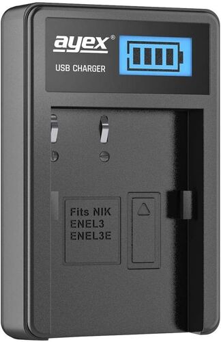 Chargeur USB pour Batterie Nikon Type EN-EL3e - Chargement Via Prise d'alimentation USB, Ordinateur Portable, Batterie Externe ou PC - Écran LCD avec indicateur de Charge