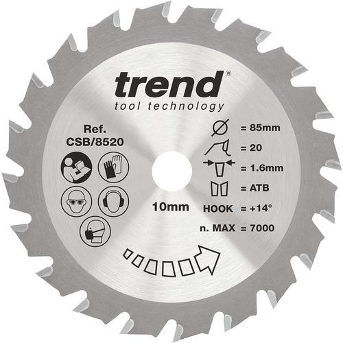Trend Lame de Scie Circulaire pour Bois, 85 mm de Diamètre, 10 mm d'Alésage, 20 Dents, TCT, 1,6 mm de Trait de Scie, +14° Crochet, CSB/8520