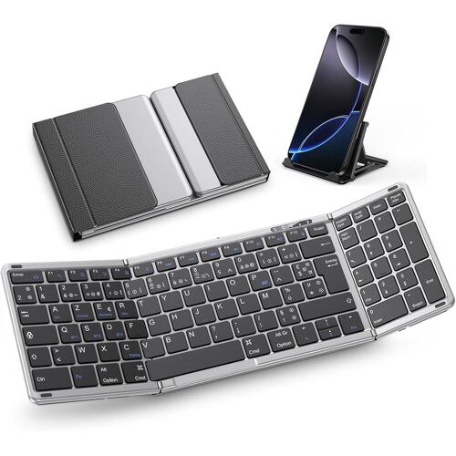 Clavier Bluetooth Pliable avec Pavé Numérique, Clavier sans Fil AZERTY Rechargeable, Pleine-Taille, Portable Keyboard pour Android Windows iOS Mac iPad Tablette PC, Gris sidéral
