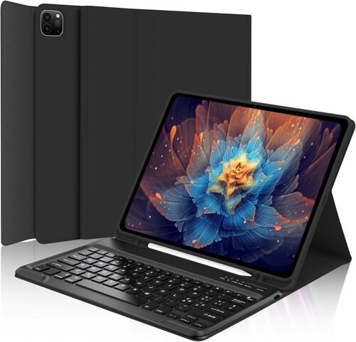 Qwerty Étui clavier Bluetooth pour iPad Pro 12,9"" 6e / 5e / 4ème / 3ème génération, design moderne, avec fente pour Apple Pencil, support réglable et clavier amovible sans fil, noir
