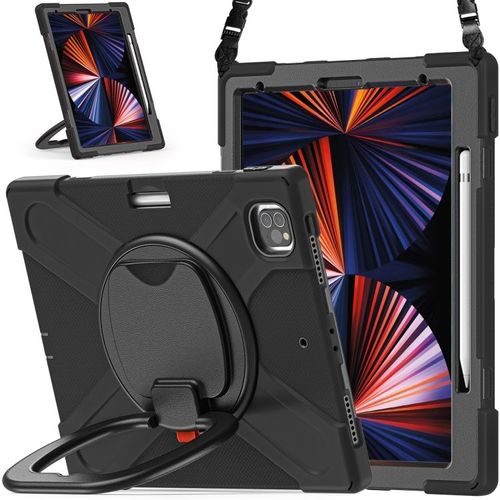 Coque En Silicone Et Pc Pour Ipad Pro 12.9 (2022/2021) Avec Support Et Bandoulière - Noir Et Noir