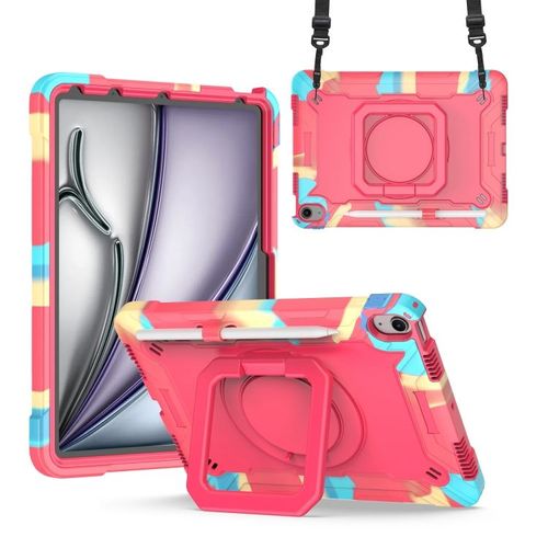 Coque Hybride En Silicone Et Pc Pour Ipad Air 11 (2024/2025) Avec Poignée Et Sangle - Camouflage Rose Rouge