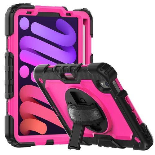Coque Shockproof En Silicone + Pc Pour Ipad Mini 2024 / Mini 6 Avec Support, Bandoulière Et Emplacement Pour Stylo - Rose Rouge Et Noir