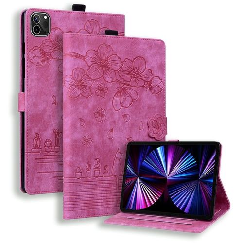 Housse En Cuir Intelligente Pour Ipad Pro 12.9 2022/2021 - Chat Sakura En Relief - Rose Rouge