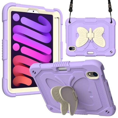 Coque Beige En Pc Et Silicone Pour Ipad Mini 6 / Mini 2024 Avec Support En Forme De Papillon Et Emplacement Pour Stylo - Beige Et Violet Clair