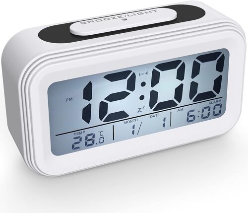 Réveil Digital Réveil Matin, Horloge Numérique à Pile Silencieux pour Enfants Adultes Grand écran LED Température Calendrier, Reveil de Voyage avec Veilleuse Snooze Fonction, Blanc