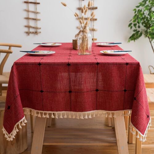 Nappe Carrée En Coton Et Lin Avec Pompons, Moderne Et Lavable, Idéale Pour La Décoration De La Table De Cuisine (Marron Tendance, Carrée, 140 X 140 Cm, 4 Couverts)
