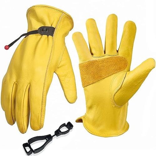 Gants de jardinage pour hommes et femmes, gants de travail en cuir de vache, anti-épines et anti-coupures - Jaune épais