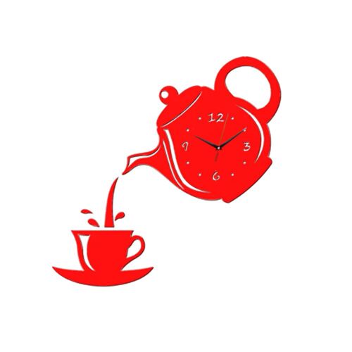 Horloge murale créative en acrylique, motif tasse à café et théière, décoration murale 3D (rouge)