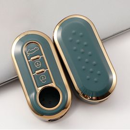 Gris - Étui À Rabat Pour Clé De Voiture, 3 Boutons, Pliable, En Tpu, Bord Doré, Pour Fiat 500, Coque De Protection Pour Clé Télécommande, Accessoires