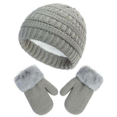 Gants Et Bonnet D'hiver Pour Enfants 3-6 Ans, Double Épaisseur En Acrylique Et Polaire, Doux Et Chaud Avec Doublure Polaire, Gris, Élastique Et Confortable Pour L'hiver