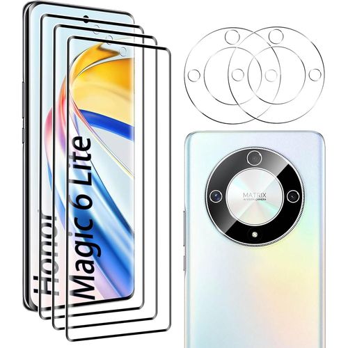 KAL-(5 Pièces) Protecteur D'Écran Pour Honor Magic 6 Lite, 3 Pièces Verre Trempé [3D Couverture Complète]+2 Pièces Protecteur D'Objectif De Caméra, Sans Bulles D'Air,Ultra Clair