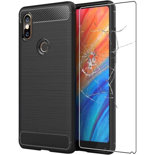 KAL-- Coque Pour Xiaomi Mi Mix 2S, Etui Protection Motif Carbone, Antichoc Souple Tpu, Noir + Verre Trempé