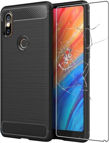 KAL-- Coque Pour Xiaomi Mi Mix 2S, Etui Protection Motif Carbone, Antichoc Souple Tpu, Noir + Verre Trempé