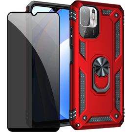 KAL-Coque Kompatibel Xiaomi Redmi Note 10 5G/Poco M3 Pro 5G Rouge Étui De Protection Avec Protecteur D'Écran En Verre De Confidentialité Anti-Espion