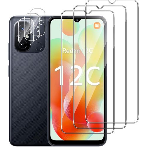 Lot 3 Films Verre Trempé + 3 Protections Caméra Arrière Pour Xiaomi Redmi 12c - Dureté 9h, Ultra Transparent 99,99%, 0,33 Mm Anti-Rayures Anti-Bulles, Kit De Nettoyage Inclus