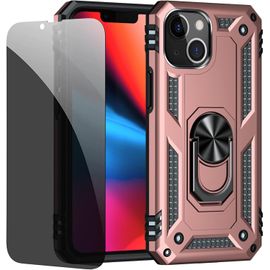 Coque iPhone 13 Mini couleur or rosé silicone antichoc + protège¿écran verre trempé confidentialité anti¿espion anneau support rotatif 360° compatible support magnétique