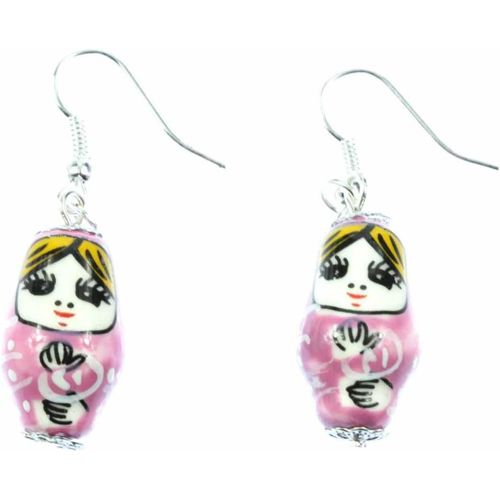 KAL-De Suspension De Matryoshka Babouchka Poupée Russe Porcelaine Rose -Bijoux Fantaisie Main Argenté Boucles D'Oreille