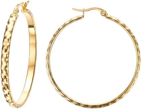 Kal-Paire De Boucles D'oreilles Créoles Femme Ronde Acier 316l Or Doré Plaqué Pendantes Ciselées 40mm