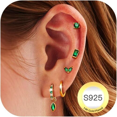 Kal-Paires Boucles D'oreilles Femme Argent 925 Plaquée Or 14k Créoles Argent Boucles D'oreilles Zircon Piercing Oreille Cartilage Petites Boucles D'oreilles Femme Or Pour Piercings Multiples