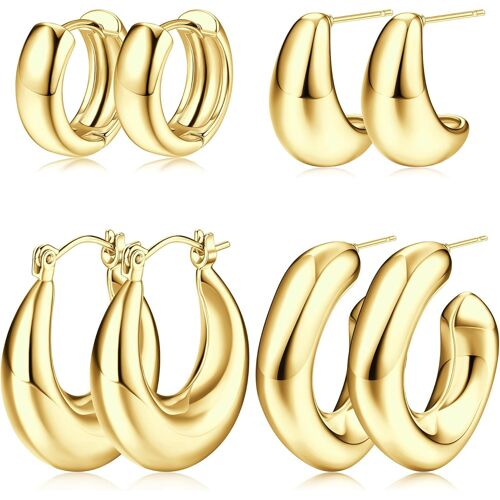 Kal-Boucles D`Oreilles Créole En Or Pour Femme Plaquées Or 14 Carats Boucles D`Oreilles Créoles En Or Chunky Hypoallergénique Léger Épais Ouvert Boucles D`Oreilles Créoles Or Huggies Bijoux