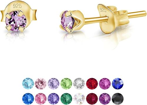 Kal-® Mini/Minuscules Boucles D'oreilles/Clous En Argent Fin 925 Plaqué Or Jaune Et Cristaux De Swarovski® Elements Ronds - Diamètre: 3 Mm