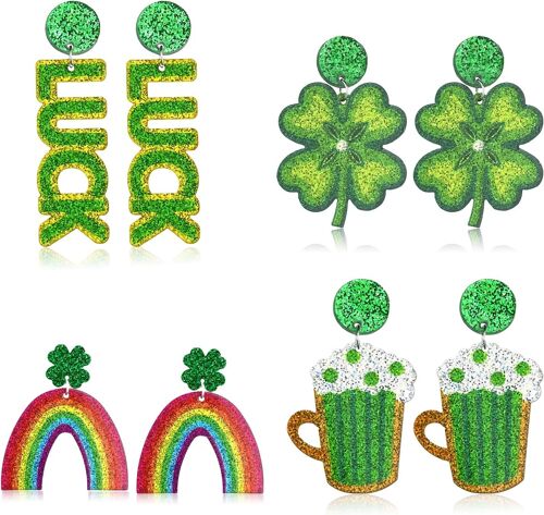 Kal-4 Pièces Boucles D'oreilles De La Saint-Patrick, Boucles D'oreilles Pendantes Trèfle Vert Drôle, Accessoire De Festival Irlandais Pour Femmes, Boucles D'oreilles Trèfle Pour La