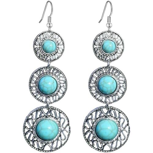Kal-Longues Boucles D'oreilles Rondes Turquoise Avec Crochet Pendentif Pour Femmes Et Filles, Lustre Ethnique En Couches, Pendentifs Avec Gouttes Huggie Hoops Boucles D'oreilles Boho Bijoux De Mariée