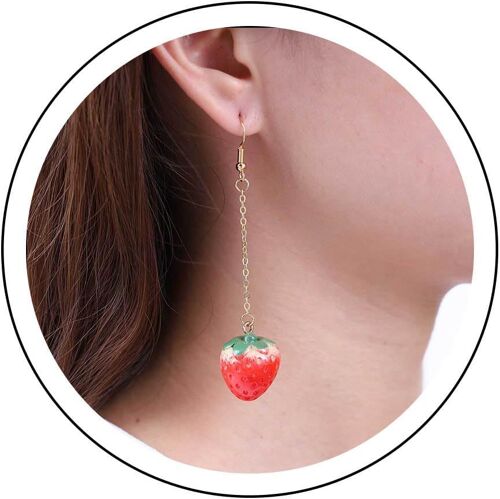 Kal-Boucles D'oreilles Fraise En Acrylique Boucles D'oreilles Fraise Simulée 3d Boucles D'oreilles Fraise En Résine Pendantes Longues Boucles D'oreilles Fraise À Pompon Bijoux Pour Femmes