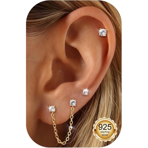 Tianyi-4 Paires Boucles D'oreilles Argent 925 Pour Femme Plaquée Or 14 Carats Creoles Femme Piercings Oreille Cartilage Tragus Helix Or/Argent Dangle Chaîne Boucles D'oreilles