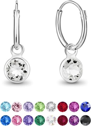 Kal-® Boucles D'oreilles Petites Créoles En Argent Fin 925 Avec Cristaux De Swarovski® Elements Ronds - Épaisseur 1.5 Mm - Diamètre 14 Mm - Choix De Différentes Couleurs