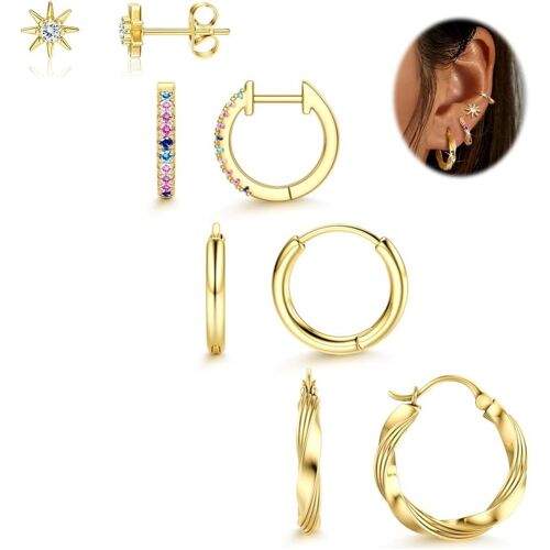 Kal-3-5 Paires Boucles D'oreilles Femme Or/Argent Creole 14k Plaqué Or Hypoallergénique Creoles Argent Cartilage Piercing Tragus Oreille Petites Boucles D'oreilles Pendantes