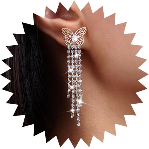 Kal-Boucles D'oreilles Goutte D'eau Papillon En Strass Doré Boucles D'oreilles Chandelier Pendantes En Cristal Boucles D'oreilles Papillon Creuses Boucles D'oreilles Clou Pour Femmes Et Filles