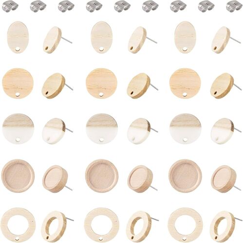 Kal-Pandahall Lot De 30 Tiges Ovales Plates Et Rondes En Bois Pour La Fabrication De Bijoux