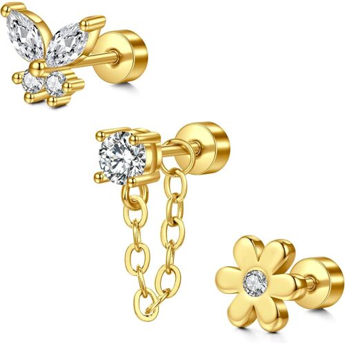 Kal-3 Pièces 20g Helix Piercings Tragus Piercing Or Argent Pour Dames Boucles Piercing Oreilles Acier Chirurgical Piercing Papillon Fleur Serpent Boucles Oreilles Cartilage Set