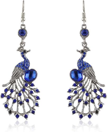 Kal-Boucles D'oreilles Pendantes Vintage En Forme De Paon Pour Femmes Et Filles - Cristal Bleu Bohème - Plume D'hibou - Boucles D'oreilles Pendantes - Bijoux De Noël - Cadeau Pour Elle