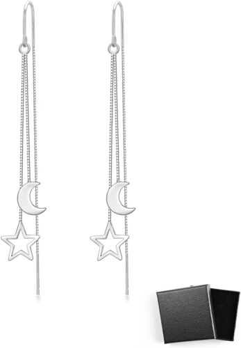 Kal-1 Paire Boucles D'oreilles Étoile Et Lune, Boucles En Forme De Larme En Cz Longues Pendantes À Enfiler À Pampilles En Chaîne À Barre Bijoux Pour Femmes Et Filles