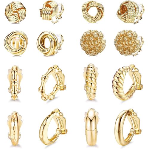 Kal-8 Paires Boucles D'oreilles Clip Or 14k Pour Femme Boucles D'oreilles Clip Pendantes Chunky Pas Piercings Fausses Clous D'oreilles Twisted Huggie Hoop Boucles D'oreilles Pour Filles Cadeau