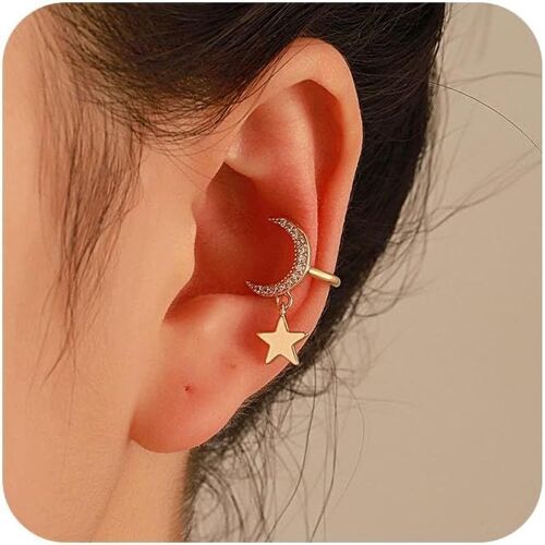 Kal-Boucles D'oreilles Avec Clips En Cristal Étoile Et Lune Simples En Or Croissant De Lune En Étoile Sans Piercing Boucles D'oreilles En Strass En Forme De Croissant De Lune Bijoux Pour Femmes