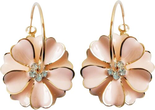 Kal-En Émail Plaqué Or 18 K Fleur Cristal Boucles D'oreilles Créoles (Dia. 3 Cm)