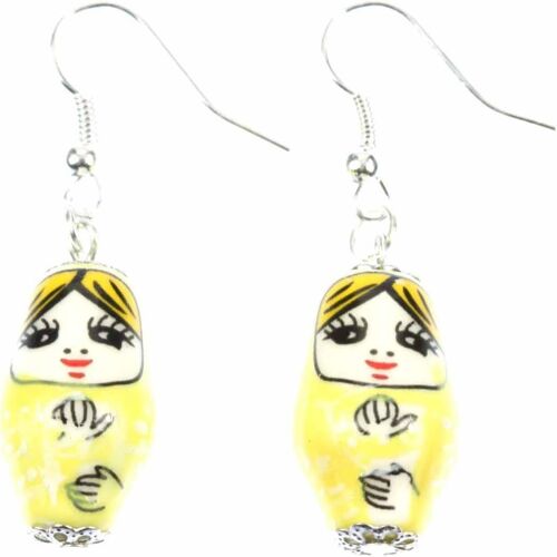 KAL-Suspension De Matryoshka Poupée Russe Russe Poupée En Porcelaine Jaune - Bijoux Fantaisie Main Argenté Boucles D'Oreille