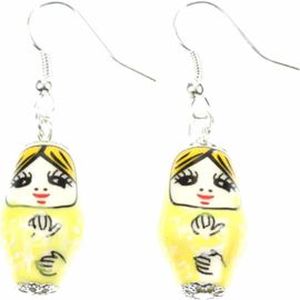 KAL-Suspension De Matryoshka Poupée Russe Russe Poupée En Porcelaine Jaune - Bijoux Fantaisie Main Argenté Boucles D'Oreille