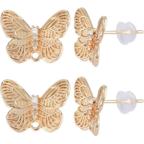 Kal-1 Boîte De 8 Boucles D'oreilles Papillon Plaquées Or 14 Carats Avec Boucle Composants En Laiton Et Strass Dorés Avec Écrous En Silicone Pour La Fabrication De Bijoux Fournitures