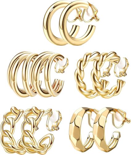 Kal-5 Paires De Boucles D'oreilles À Clips En Or Pour Femme ¿ Boucles D'oreilles À Clip Sans Oreilles Percées,Cadeau De Bijoux Tendance Hypoallergéniques,Cérémonies Remise Des Diplômes, Etc