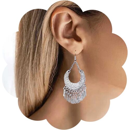 Kal-Boucles D'oreilles Tribal Filigrane Chandelier Boucles D'oreilles Franges Argentées Longues Chaînes Filigrane Creuses Vintage Boucles D'oreilles Statement Bijoux Femmes Et Filles Cadeaux