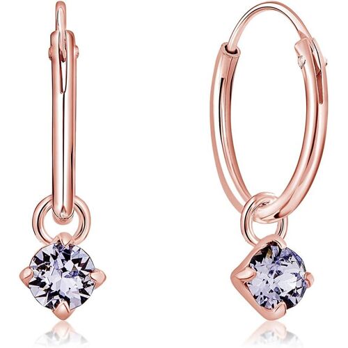 Kal-® Boucles D'oreilles Petites Créoles En Argent 925 Plaqué Or Rose & Pendentif 3 Mm Cristaux Swarovski® Elements Ronds - Épaisseur 1.2 Mm - Diamètre: 12 Mm - Choix De Différentes Couleurs