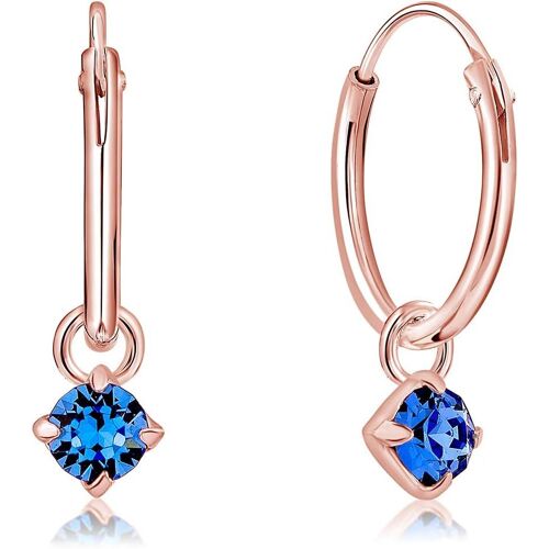 Kal-® Boucles D'oreilles Petites Créoles En Argent 925 Plaqué Or Rose & Pendentif 3 Mm Cristaux Swarovski® Elements Ronds - Épaisseur 1.2 Mm - Diamètre: 12 Mm - Choix De Différentes Couleurs