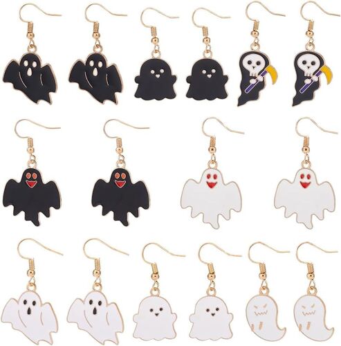Kal-8 Paire De Boucles D'oreilles Pendantes Halloween En Acrylique Noir Blanc Fantôme Squelette Crâne Crochet Boucles Ensemble De Bijoux Boucles Pour Femmes Filles Fête Cadeau Avec Boîte