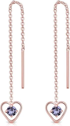 Kal-® Boucles D'oreilles Pendantes À Chaîne En Argent Fin 925 Plaqué Or Rose - Coeur Avec Mini 3 Mm Cristaux De Swarovski® Elements Ronds - Choix De Différentes Couleurs