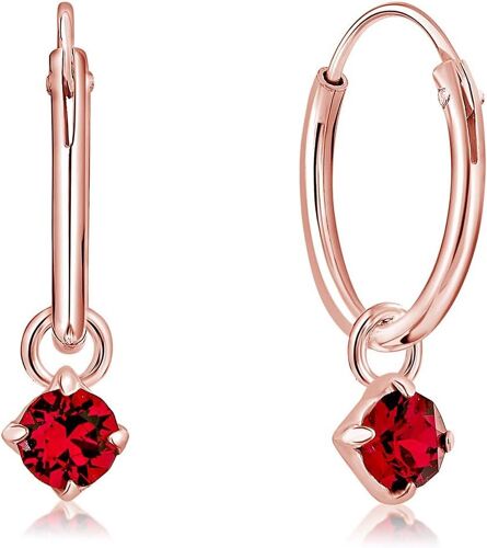Kal-® Boucles D'oreilles Petites Créoles En Argent 925 Plaqué Or Rose & Pendentif 3 Mm Cristaux Swarovski® Elements Ronds - Épaisseur 1.2 Mm - Diamètre: 12 Mm - Choix De Différentes Couleurs